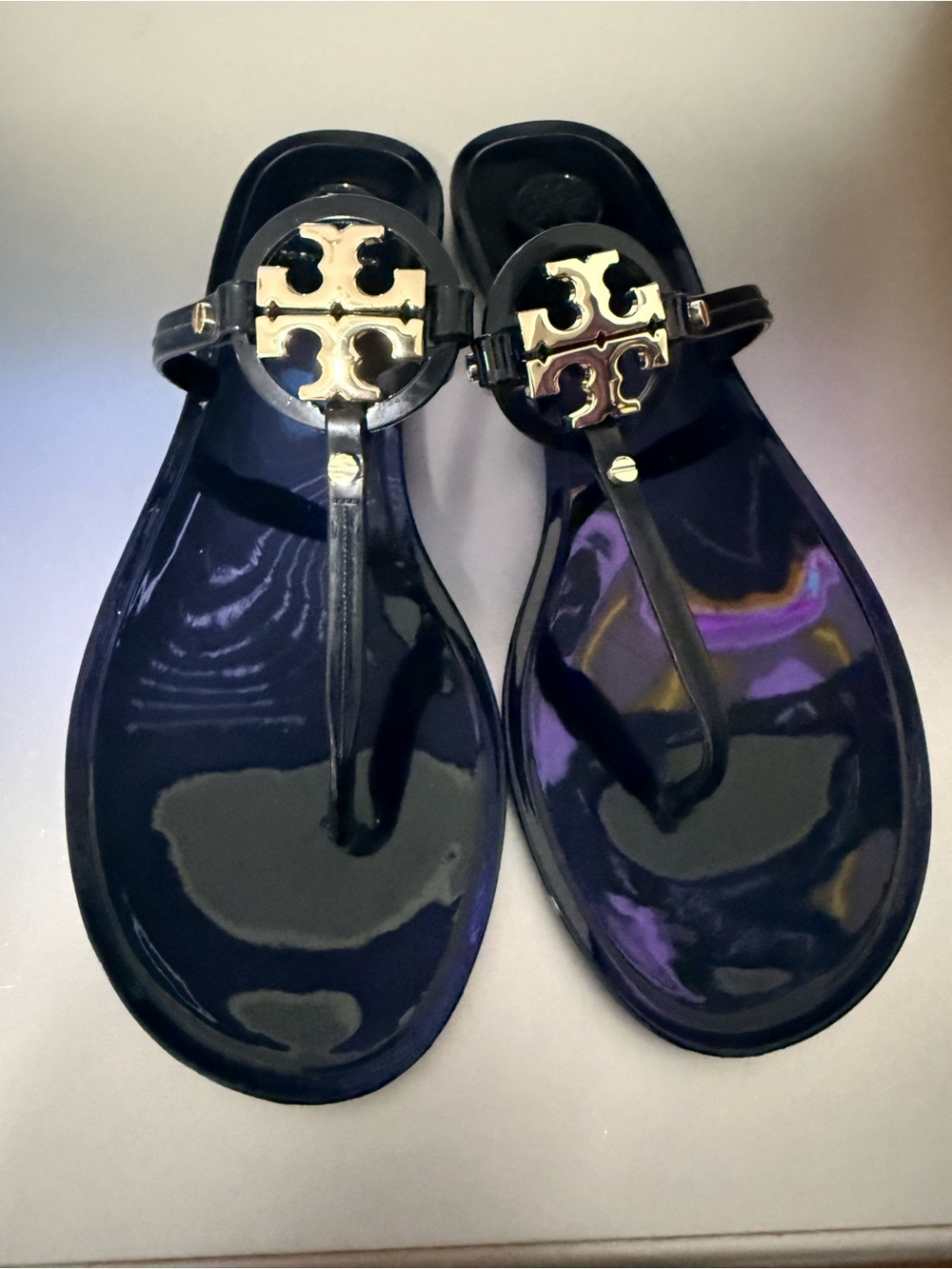 Tory Burch Black Jelly Thong Sandals with Gold Logo